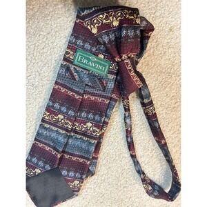 Bravini Mens 100 Silk Necktie Burgundy Blue Gold‎ Greek Key Pattern